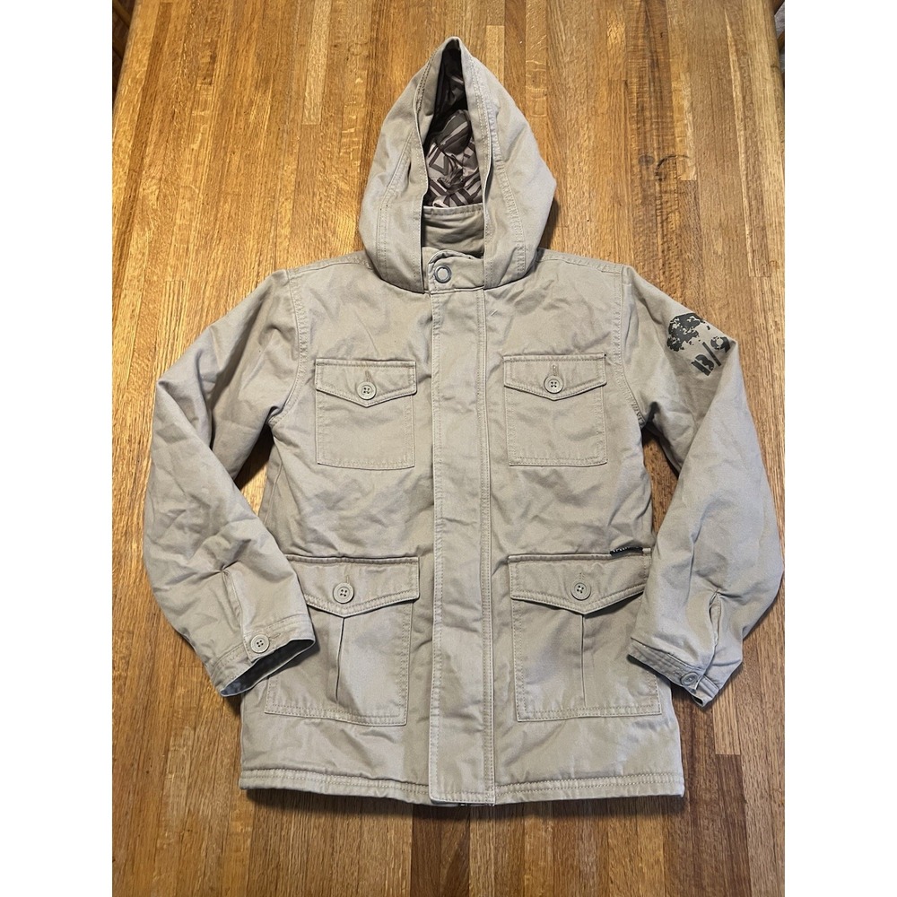 I Jeans by Buffalo Youth LG (10-12) Tan Hooded Snap Button Zip Canvas Puff Coat